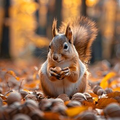 Obraz premium Cute Squirrel Gathering Nuts Surrounded by Vibrant Autumn Leaves in Forest