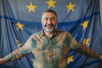 Joyful middle-aged man representing hope eu flag behind him. Middle-aged man exuding joy eu flag his background. EU locals express concerns over housing affordability amidst immigration.