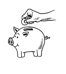 put coins in the pig's piggy bank doodle style vector illustration