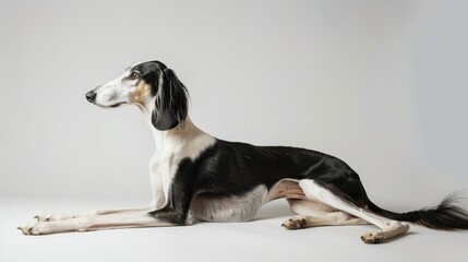 Elegant saluki dog with striking black and white fur lies gracefully on a clean white background, exuding elegance and grace
