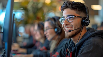 An engaging photo of customer service representatives in a call center, smiling and assisting customers, captured from a side angle,
