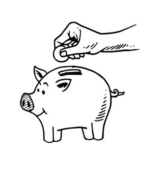 recommend clip art: put coins in the pig's piggy bank doodle style vector illustration