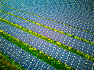 Solar panel produces green, environmentaly friendly energy from the setting sun. Aerial view from...