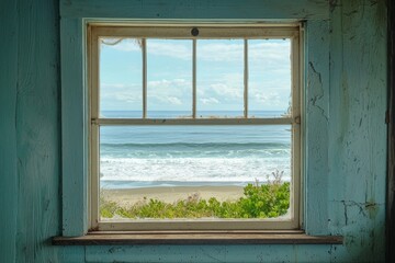 Obraz premium A window in a small coastal cottage, overlooking a serene beach with gentle waves.