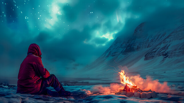 traveler preparing a campfire under the Northern Lights in Iceland
