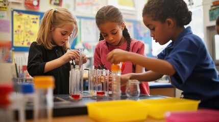 A classroom where elementary school children are engaged in a hands-on science experiment. The teacher is guiding them, and the students are eagerly participating, using various materials and tools.