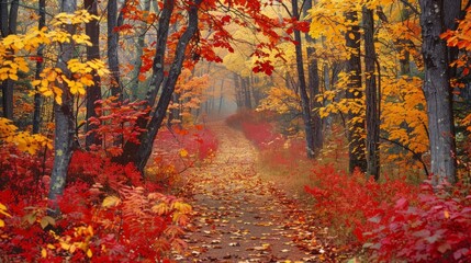 Fototapeta premium Fiery red and yellow leaves envelop a secluded New England trail creating a breathtaking fall color panorama