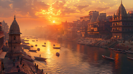 Varanasi city with ancient architecture. View of the holy Manikarnika ghat at Varanasi India at sunset