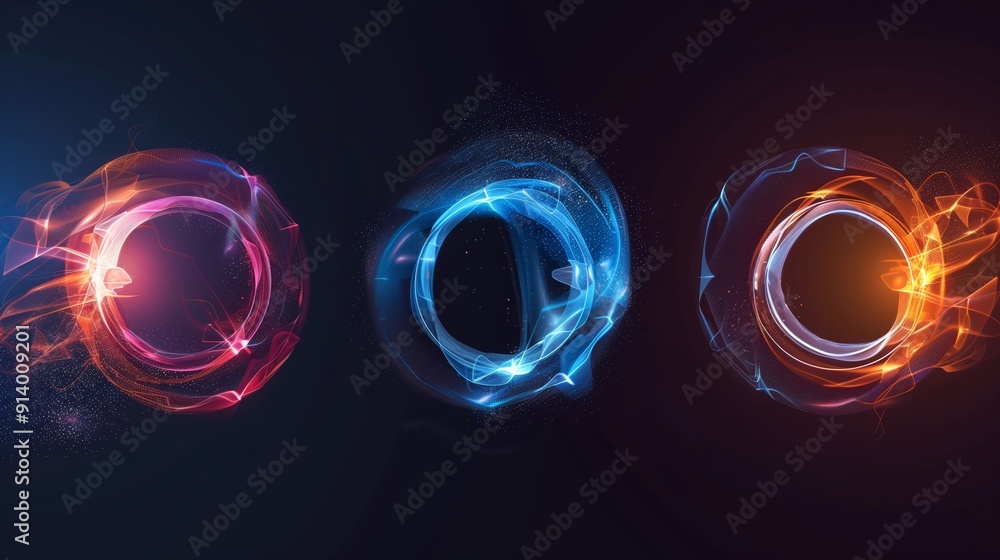 Aufkleber dynamic colorful circular abstract designs featuring light trails and sparks on black background