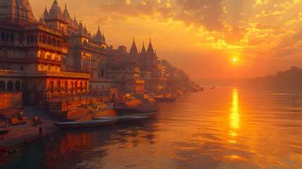Naklejka premium Varanasi city with ancient architecture. View of the holy Manikarnika ghat at Varanasi India at sunset