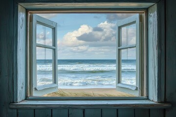 Obraz premium A window in a small coastal cottage, overlooking a serene beach with gentle waves.
