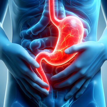 Inflamed Stomach Illustration Blue and Red Color Depiction with Pain Indicators