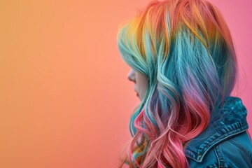 Woman with vibrant, colorful hair, gazing thoughtfully against a blue background.
