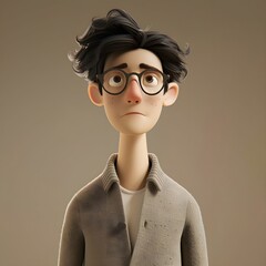 A contemplative young animated man with tousled dark hair and glasses, standing in a soft beige outfit, looking upwards with a thoughtful expression.