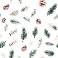 Delicate Watercolor Pine Branches and Pinecones in Minimalist Kawaii Style with Pastel Colors, seamless pattern, Generative Ai