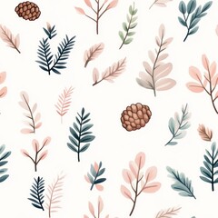 Whimsical Watercolor Pine Branches and Pinecones in Minimalist Kawaii Style with Pastel Colors, seamless pattern, Generative Ai