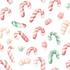 Sweet Pastel Watercolor Candy Canes - Minimalist Kawaii Delights in Soft Hues, seamless pattern, Generative Ai