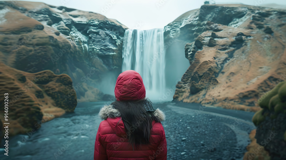 Wall mural Woman overlooking waterfall at Skogafoss, Iceland