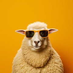 Obraz premium a sheep with sunglasses on and a yellow background behind it