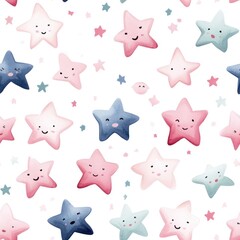 Whimsical Watercolor Christmas Stars in Minimalist Kawaii Style with Pastel Shades, seamless pattern, Generative Ai