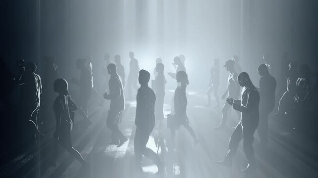 An animation of a Zombie Crosswalk, a mindless group of commuters clutching coffee and phones completely lost in routine.
