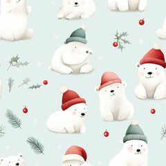 Cute Watercolor Polar Bears in Christmas Hats - Minimalist Kawaii Style with Pastel Colors for Holiday Decor, seamless pattern, Generative Ai