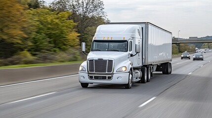 White Freight Truck Transporting Cargo Along Highway in Autumn
