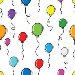 Hand Drawn Doodle Style Colorful Balloons Seamless Pattern Isolated on White Background. Vintage Style Party or Birthday Balloons Illustrations Set. Hand drawn balloons doodle icon design elements.