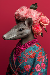A photo of an armadillo wearing a colorful floral patterned haute couture outfit 