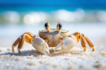 Intimate close-up of a small crab's expressive face peering upwards from a pristine white sand beach, its beady eyes seemingly connecting with the viewer.