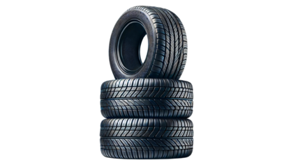 A digital illustration of four black car tires stacked on top of each other on a transparent background