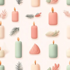 Festive Minimalist Watercolor Christmas Candles in Kawaii Style with Pastel Colors, seamless pattern, Generative Ai