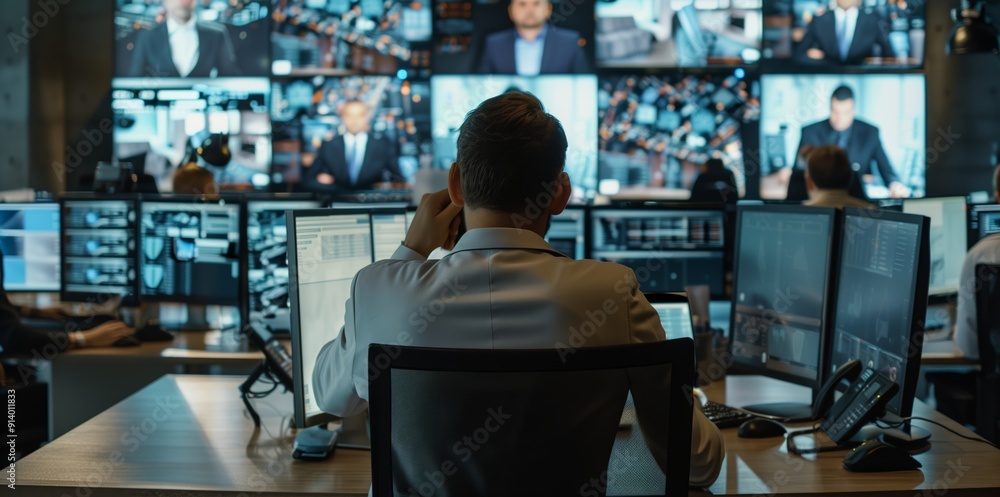 Poster focused professional analyzing multiple screens in high-tech command center during evening operation