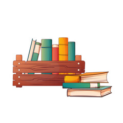 Composition of a wooden box filled with books. Use for interior decoration. Bookstore, book lover, library concept. Vector illustration of stack of books.