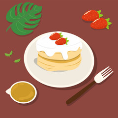 Fluffy Japanese souffle pancakes with whipped cream and strawberry vector illustration 