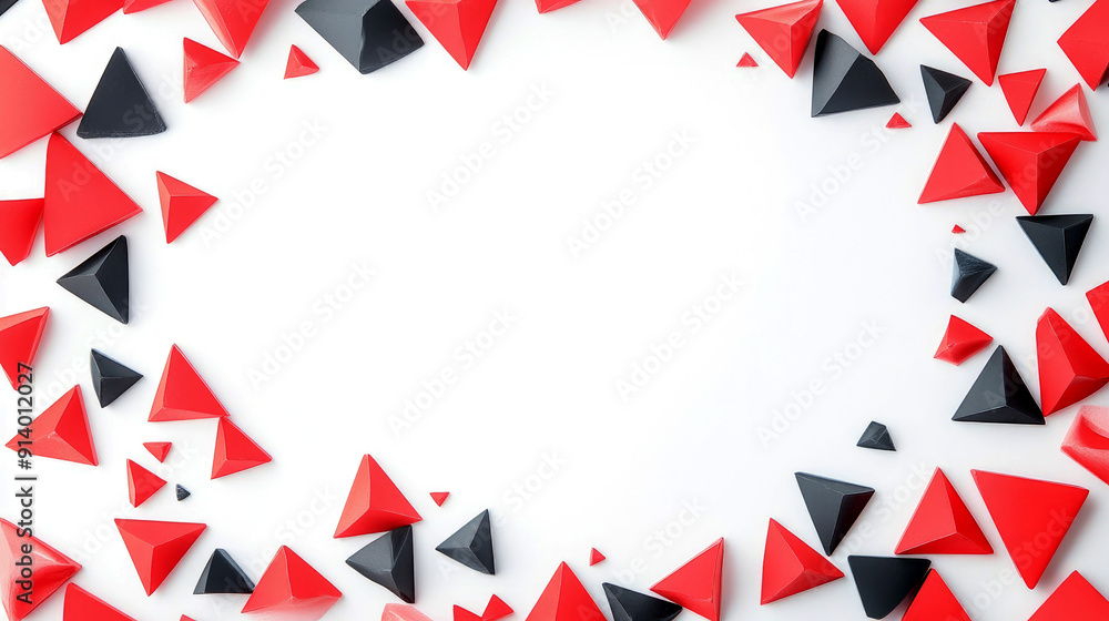 Poster red and black triangle-shaped geometric pieces are artistically arranged on a white background, crea