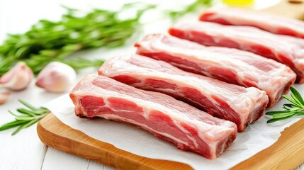 Fototapeta premium Fresh Cuts of Pork Ribs Prepared on a Wooden Cutting Board