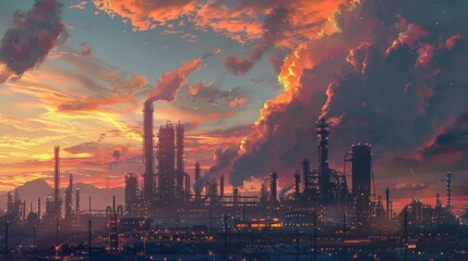Obraz premium A cityscape at dusk with an oil refinery as its focal point. The sky is vibrant with colors, highlighting a contrast between natural beauty and industrial power.
