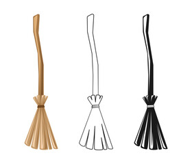Old Witch Broom Colored, Outline and Silhouette, Halloween Broomstick Graphics Illustration Set