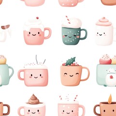 Whimsical Watercolor Festive Mugs with Hot Cocoa in Minimalist Kawaii Style and Pastel Colors, seamless pattern, Generative Ai