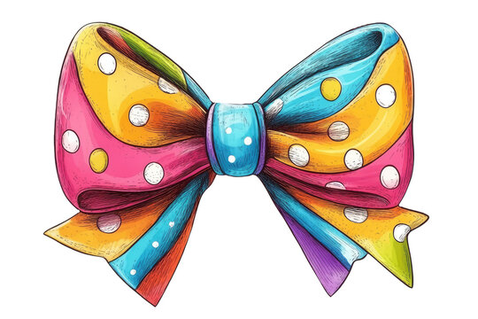 A colorful bow with polka dots, featuring shades of pink, blue, yellow, and green, set against a white background, symbolizing celebration and joy.