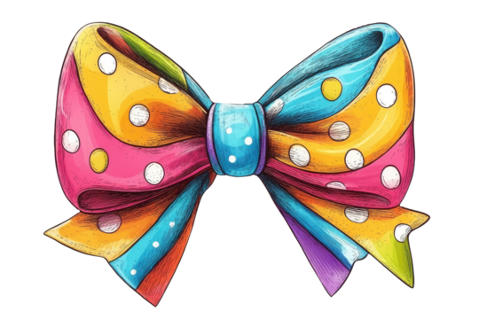 A colorful bow with polka dots, featuring shades of pink, blue, yellow, and green, set against a white background, symbolizing celebration and joy.