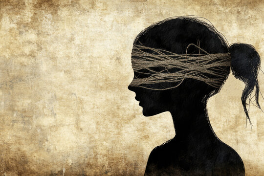 A silhouette of a person with twine wrapped around their eyes, symbolizing blindness or lack of sight. Abstract and thought-provoking art piece.