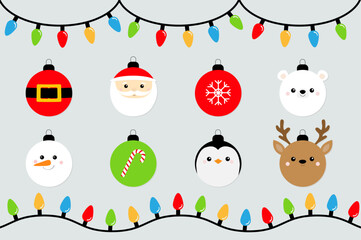 Fototapeta premium Christmas lights set. Lightbulb glowing garland. Christmas ball. Cute Santa Claus belt, bear, snowman, deer face, snowflake, candy cane, penguin. Happy New Year. Flat design. White background Vector