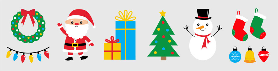 Merry Christmas icon set. Snowman, Santa Claus, fir tree, gift box, Santa socks, ball toys, Christmas light Lightbulb glowing garland, door wreath. Cute character. Flat design. White background Vector