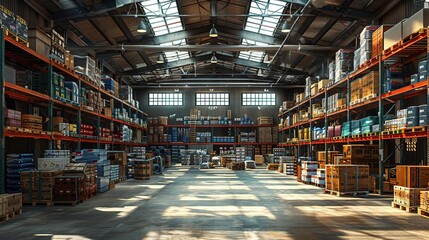Fototapeta premium Warehouse Interior with Shelves Full of Products