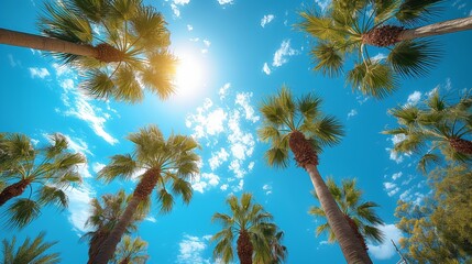 Obraz premium Sunlit palm trees sway gently against a vibrant blue sky, creating a serene tropical tableau.