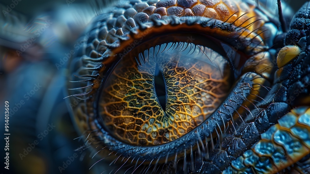 Poster macro photo of a dragonfly s detailed and intricate eye patterns with copy space