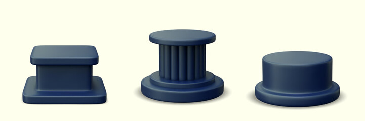 Collection of empty pedestals of various shapes. High and low, round, square stands