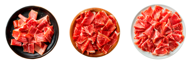 Set of a iberian ham in a plate isolated on a white or transparent background. Iberian ham in a wooden, black and white plate. Traditional Spanish dish. Top view